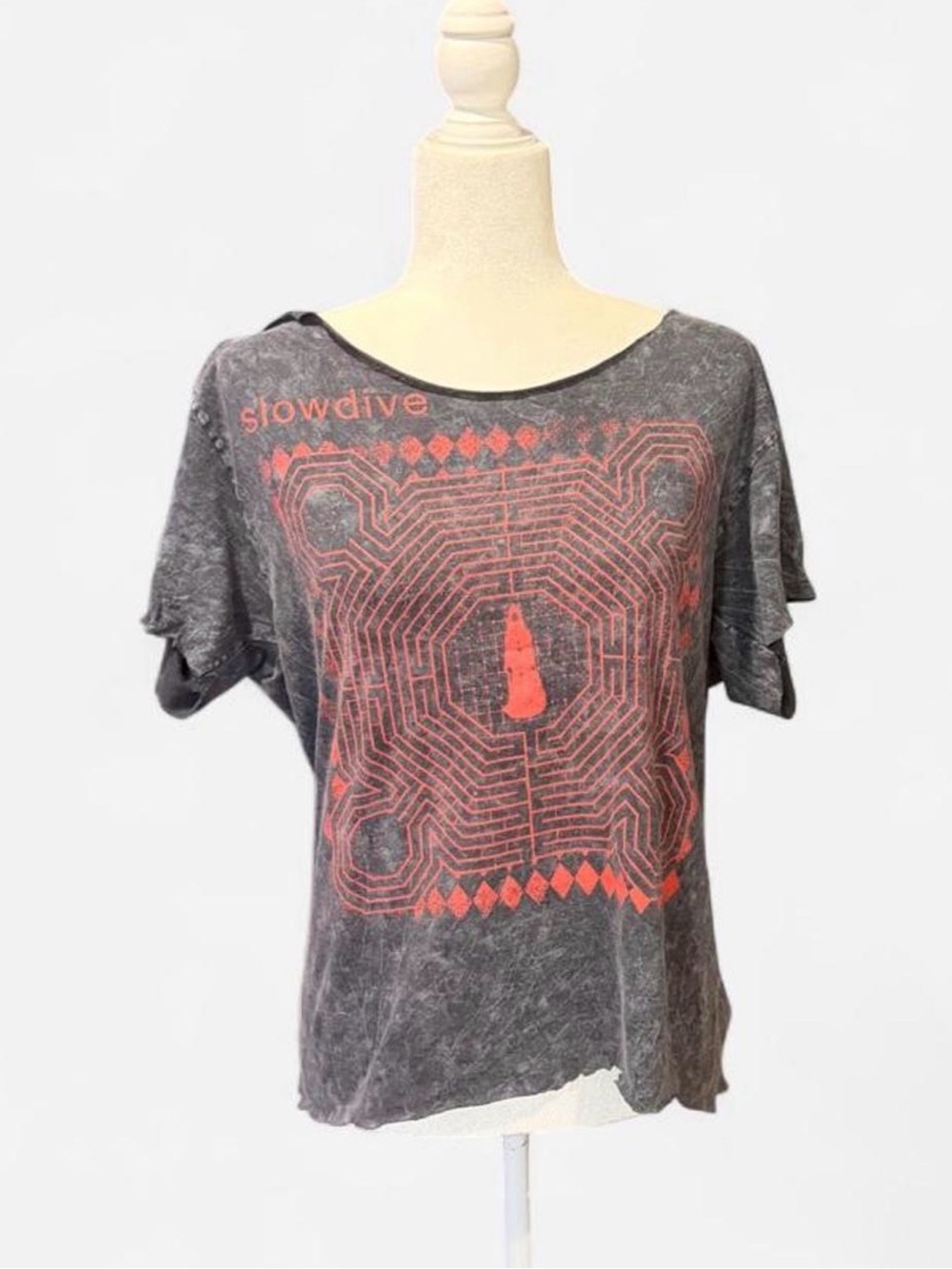 Slowdive Gray Wash Black Graphic Tee with Red Print